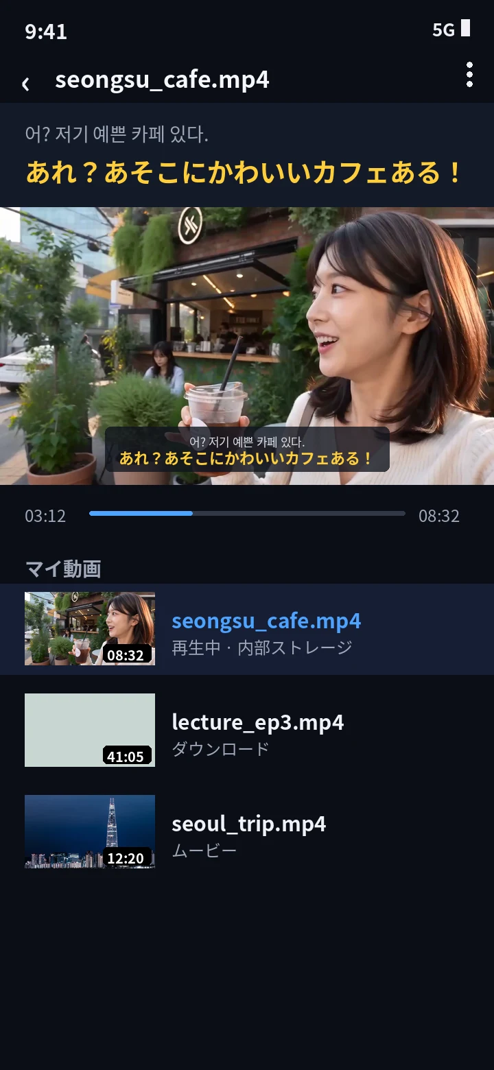 スマホに保存した動画の一覧と、字幕が表示されるプレーヤー画面