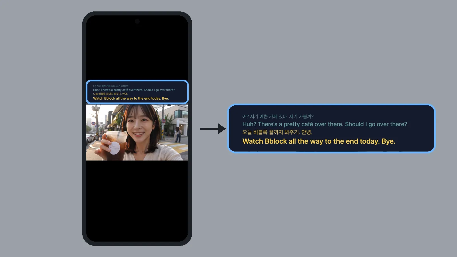 안드로이드 영상 재생 화면 위쪽에 떠 있는 CCPlay 원문·번역 자막 창과 자막 부분을 확대한 모습 (CCPlay 안드로이드 화면)