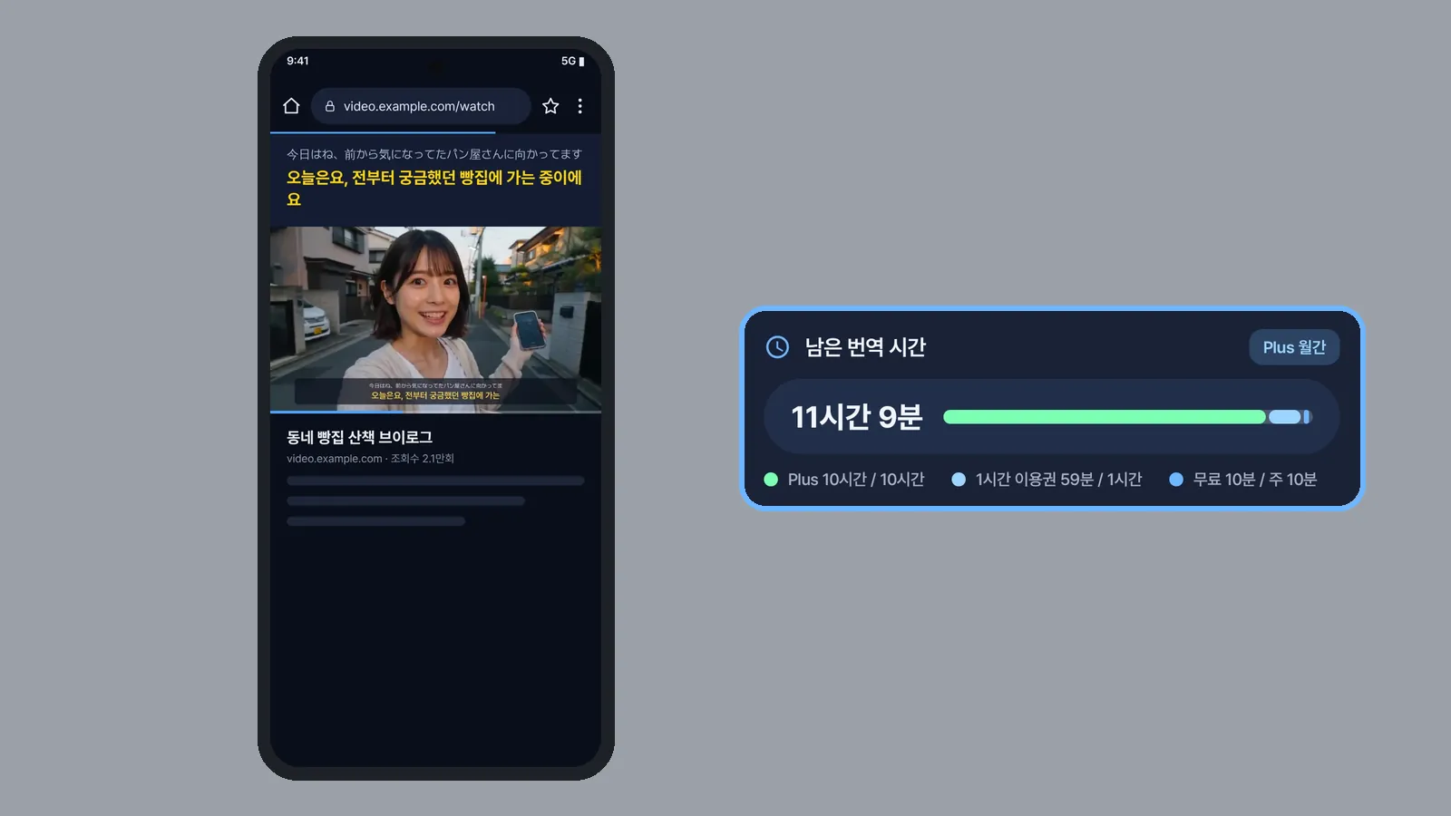 앱 브라우저에서 자막을 보는 화면 옆에 홈의 남은 번역 시간 카드를 확대해, 같은 시간이 줄어드는 것을 보여 줌