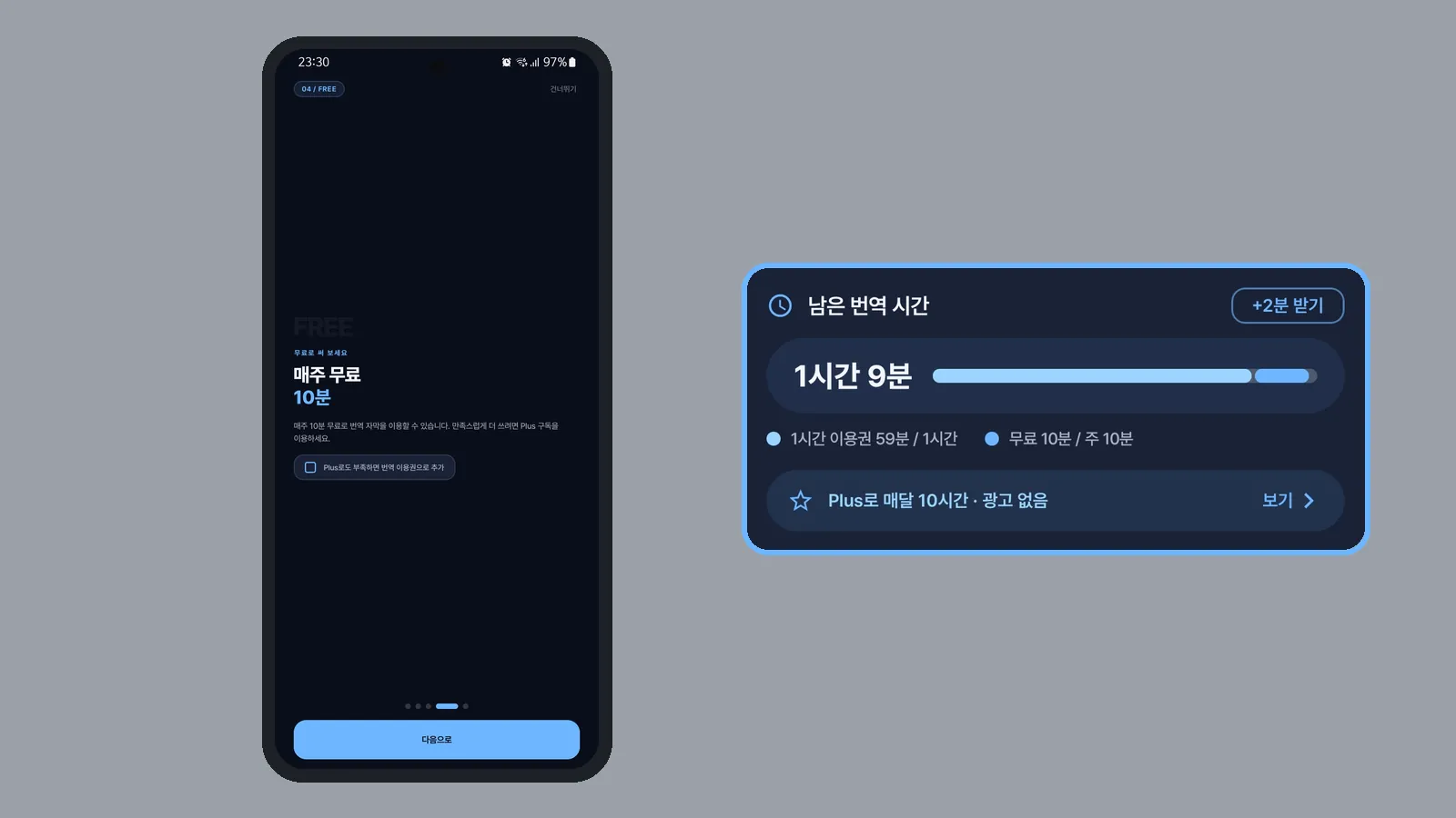 CCPlay 시작 안내의 매주 무료 10분 화면과, 홈의 남은 번역 시간 카드(무료 10분 / 주 10분)를 확대해 나란히 보여 주는 화면