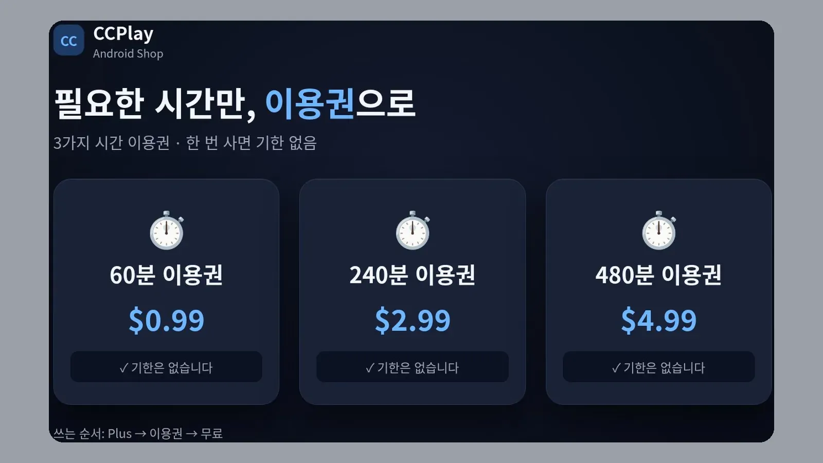 60분·240분·480분 이용권 카드와 기한 없음 안내