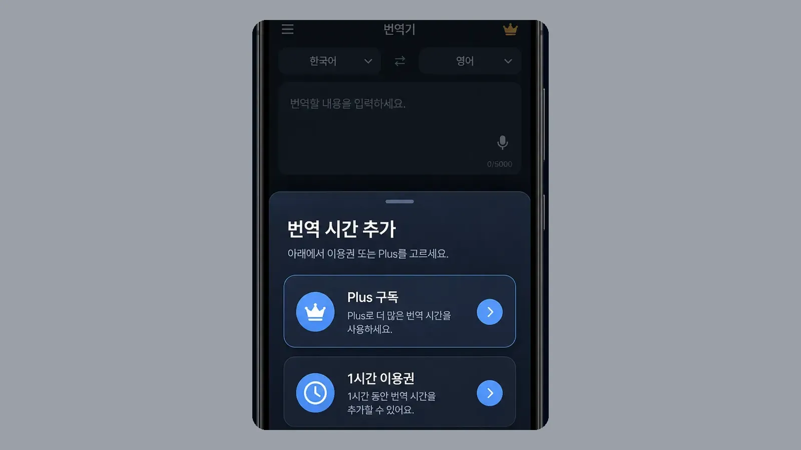 번역 시간 추가 화면의 Plus 구독과 1시간 이용권