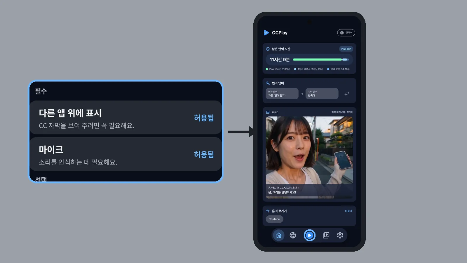 권한을 켠 뒤 CCPlay 홈 아래 가운데 번역 버튼으로 자막을 다시 켜는 화면 (CCPlay 안드로이드 화면)