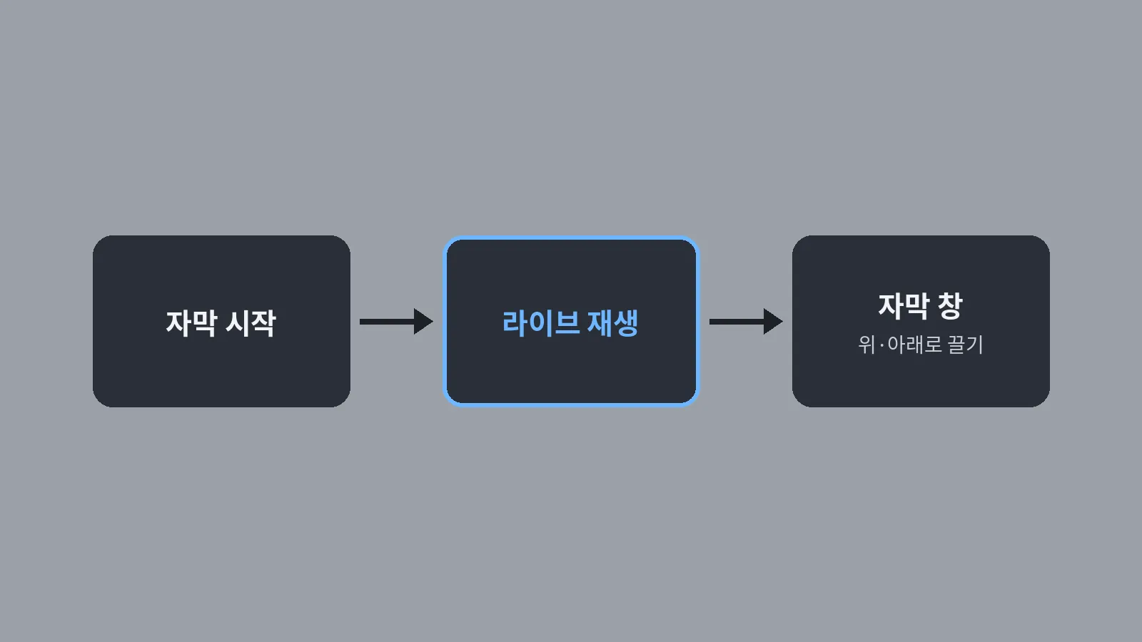 유튜브 라이브에 자막을 켜는 순서, 자막 시작 → 라이브 재생 → 자막 창 확인을 화살표로 이은 흐름 도식 (CCPlay 용어로 정리)