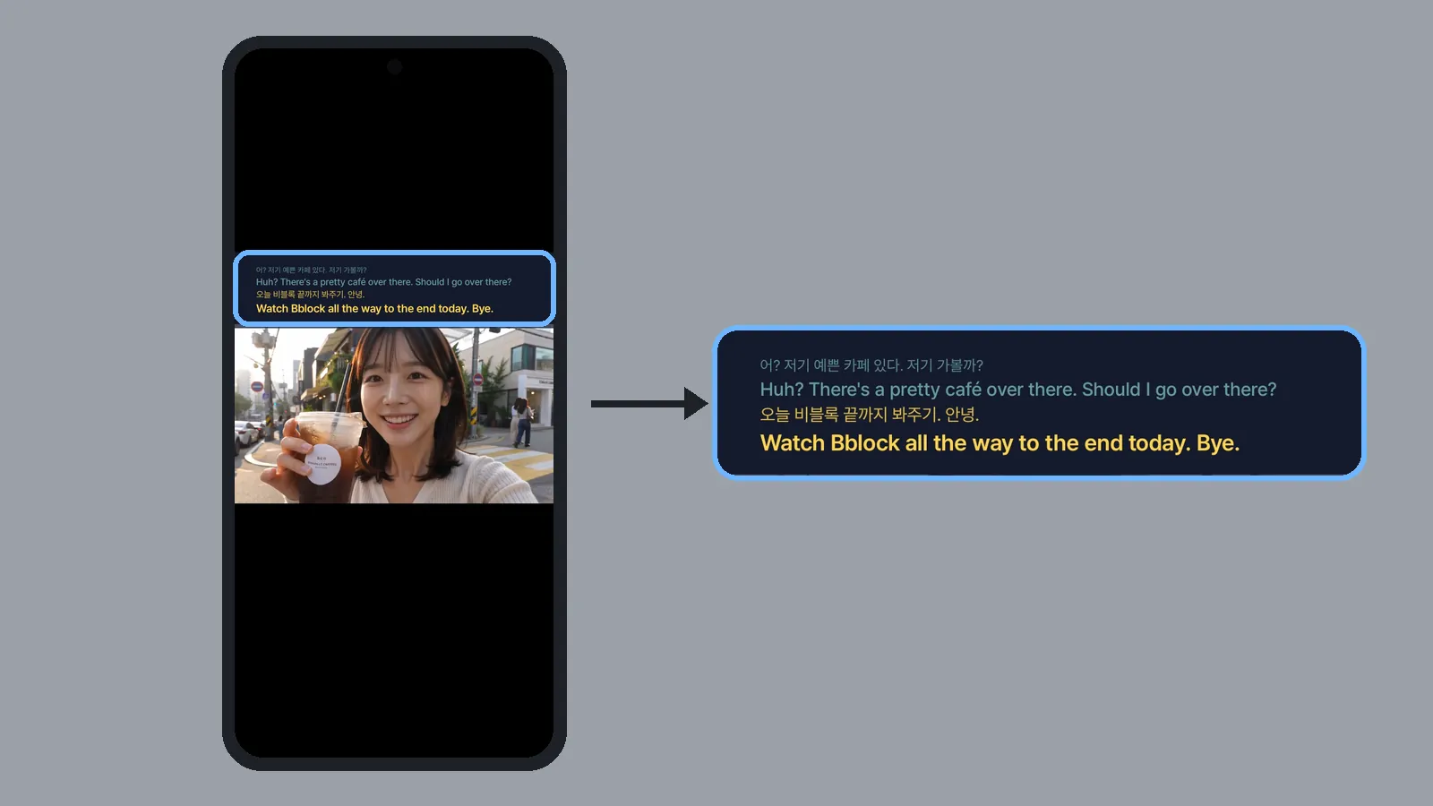 라이브 영상 재생 화면 위에 떠 있는 CCPlay 원문·번역 실시간 자막 창과 그 자막을 확대한 화면 (CCPlay 안드로이드 화면)