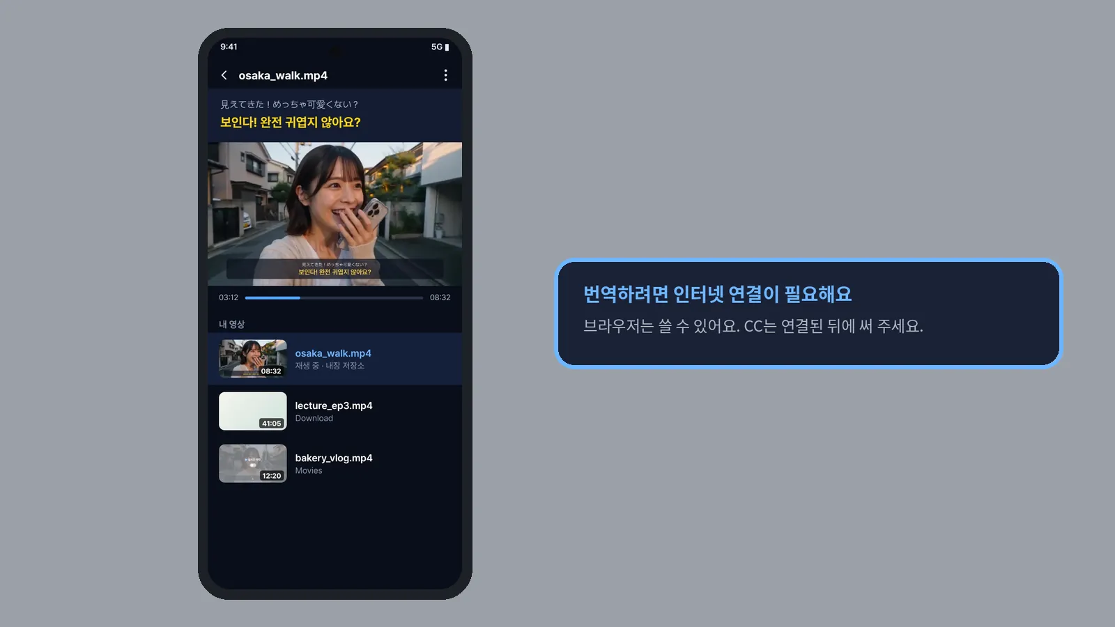 내 영상 목록에서 저장 영상을 재생하는 화면과, 번역하려면 인터넷 연결이 필요해요 안내를 확대한 모습 (CCPlay 안드로이드 화면)
