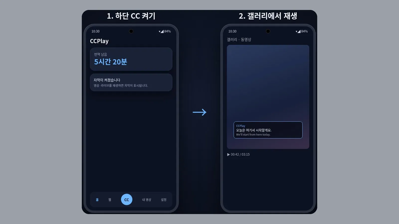 하단 CC를 켠 뒤 갤러리에서 재생하는 흐름