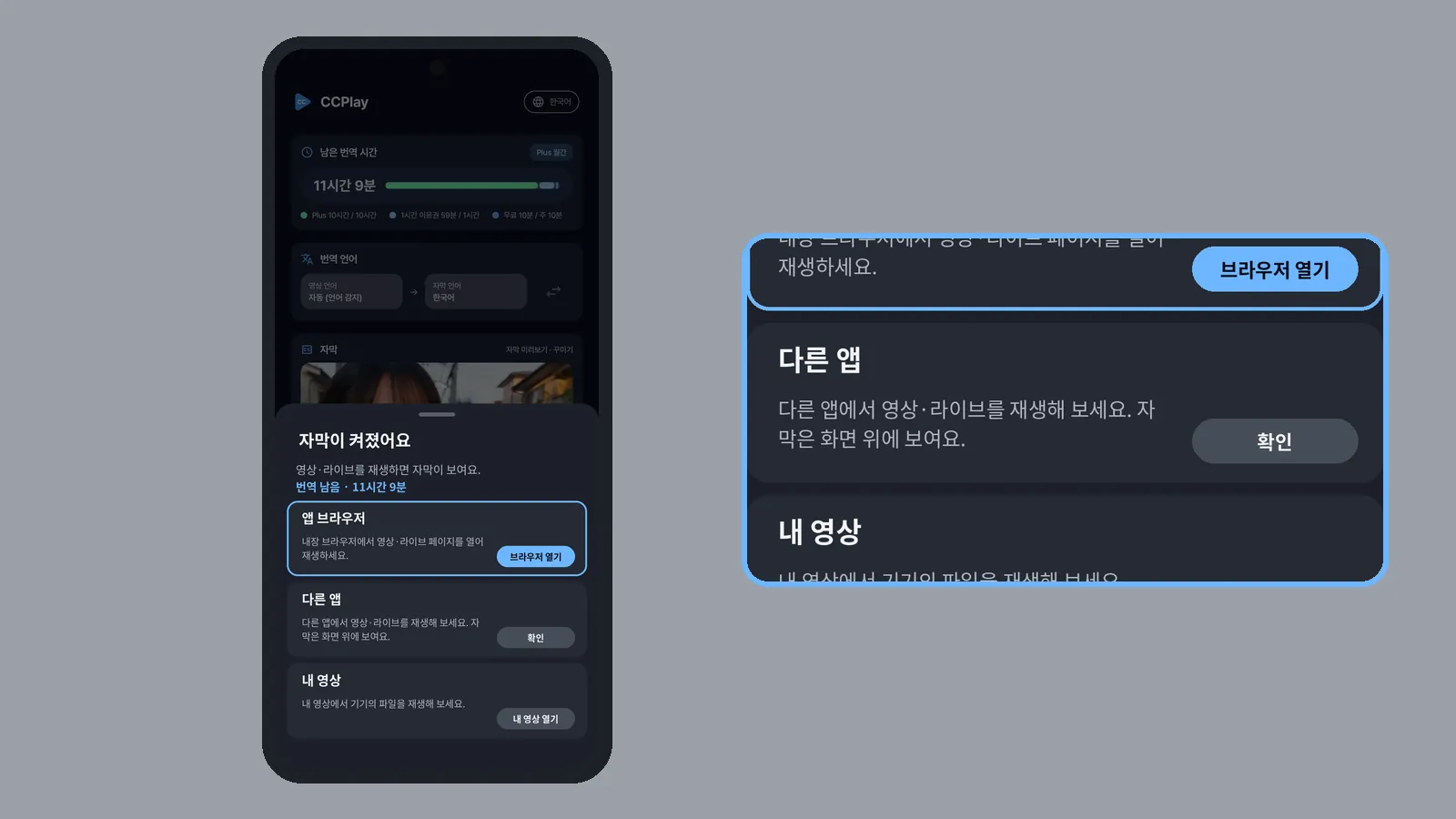 자막이 켜졌어요 안내 시트에서 앱 브라우저·다른 앱·내 영상 경로 카드 중 브라우저 열기를 고르는 화면 (CCPlay 안드로이드 화면)