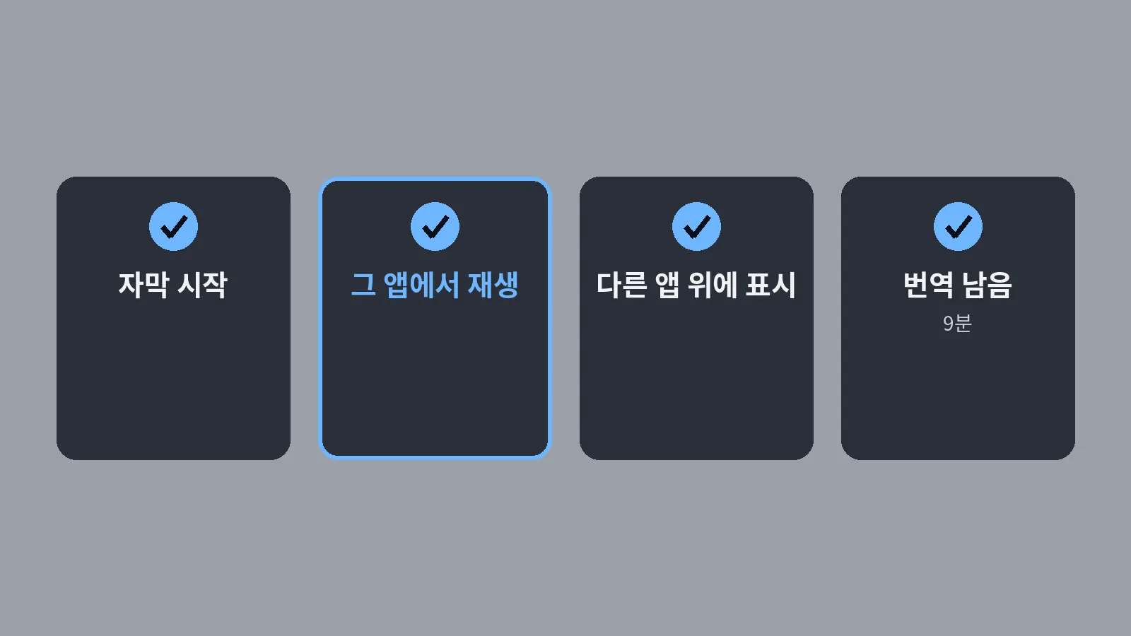 자막 없는 숏폼에 자막이 안 뜰 때 볼 자막 시작·그 앱에서 재생·다른 앱 위에 표시·번역 남음 도식 (CCPlay 용어로 정리)