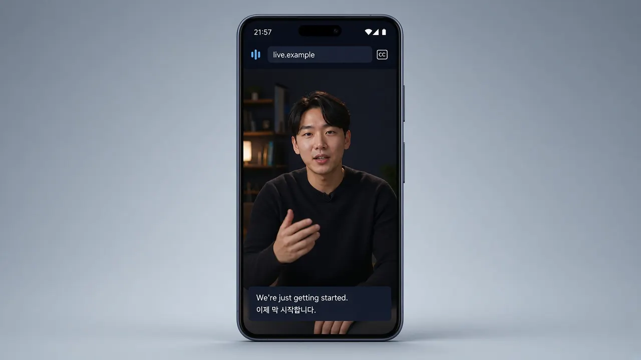 내장 브라우저에서 자막을 켠 영어 강의 화면