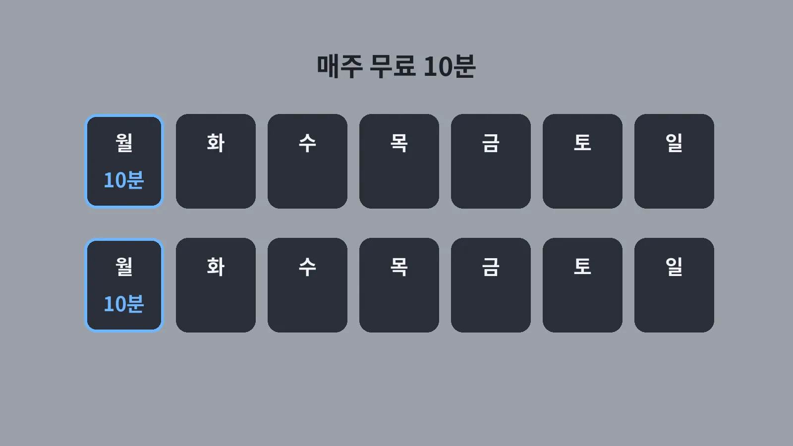 두 주 달력에서 매주 월요일마다 무료 10분이 다시 채워지는 흐름을 그린 도식, 위쪽에 매주 무료 10분 문구