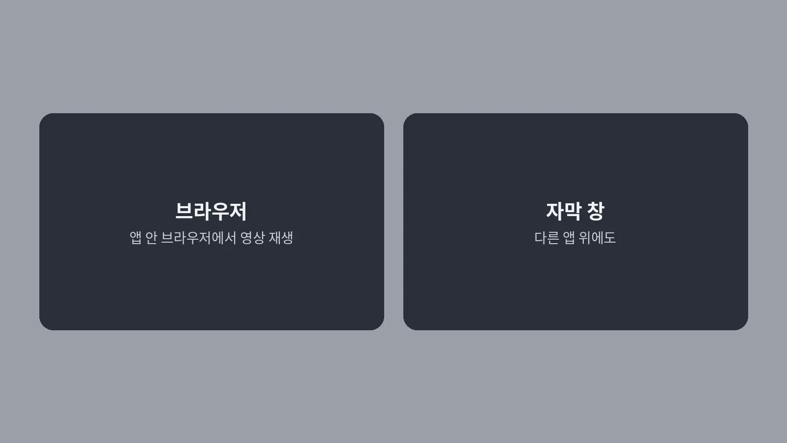 브라우저 안에서 보는 자막과 다른 앱 위에 뜨는 자막 창, CCPlay의 두 가지 쓰임을 두 칸으로 나눈 도식