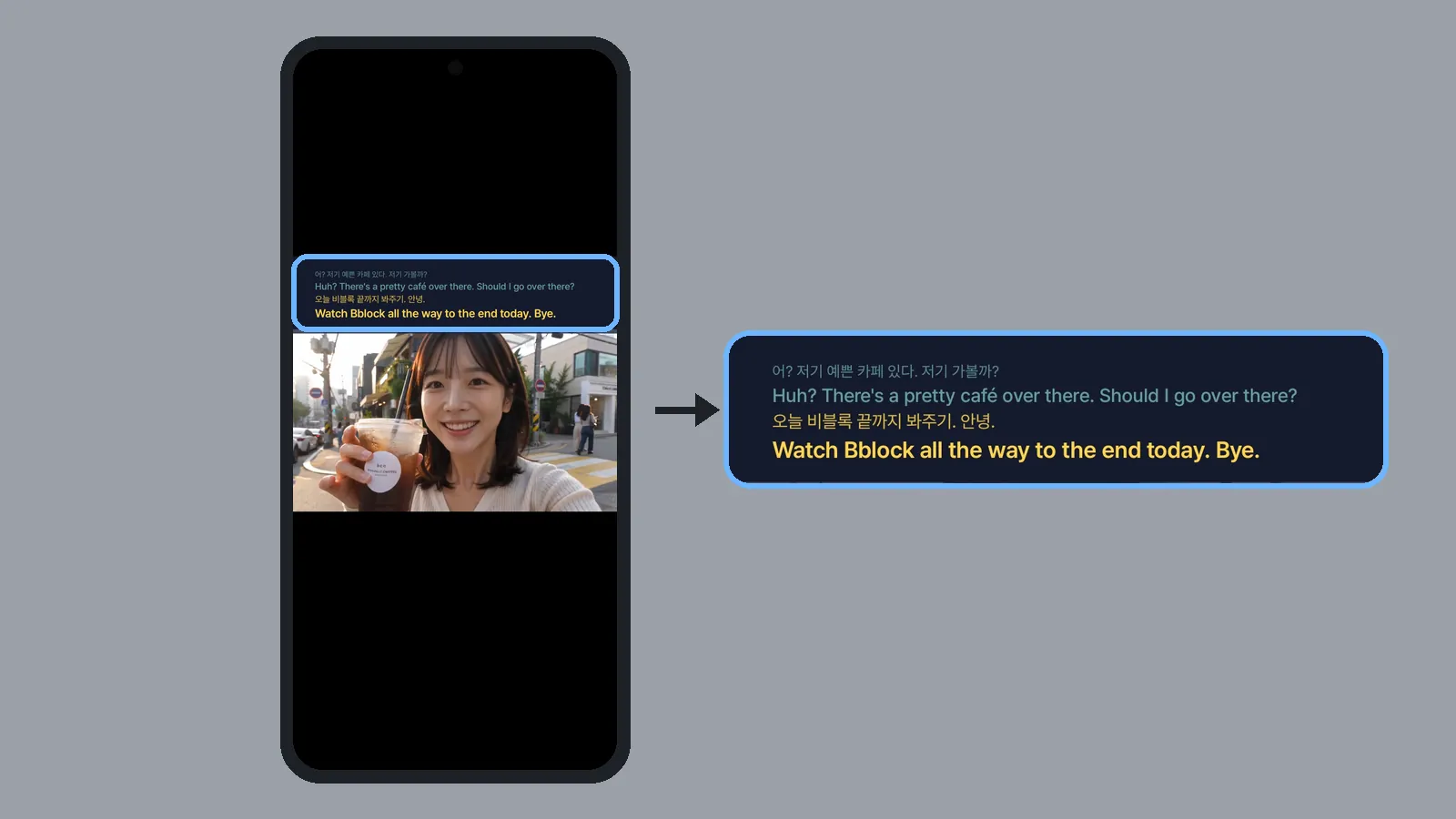다른 앱 영상 재생 위에 떠 있는 CCPlay 원문·번역 실시간 자막 창과 자막 부분을 확대한 안드로이드 화면