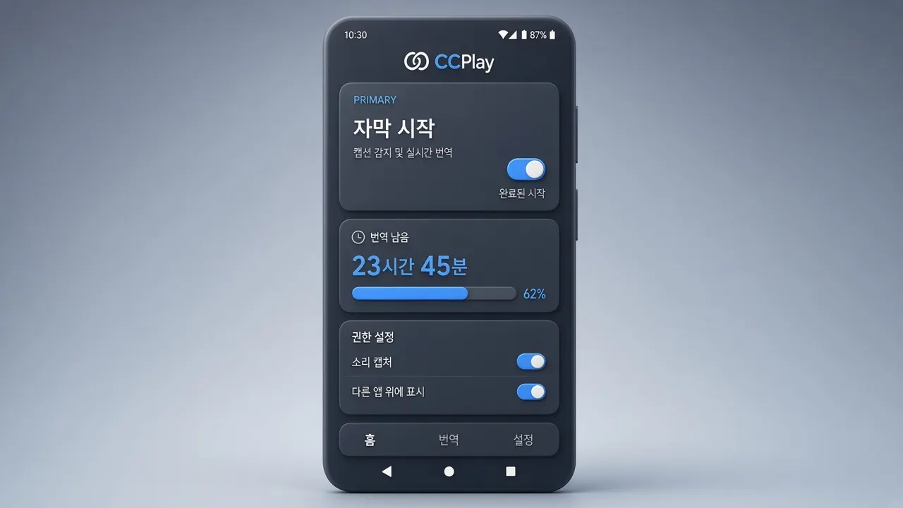 CCPlay 홈 아래 가운데 번역 버튼과 남은 번역 시간 카드를 강조하고 카드를 확대한 화면 (CCPlay 안드로이드 화면)
