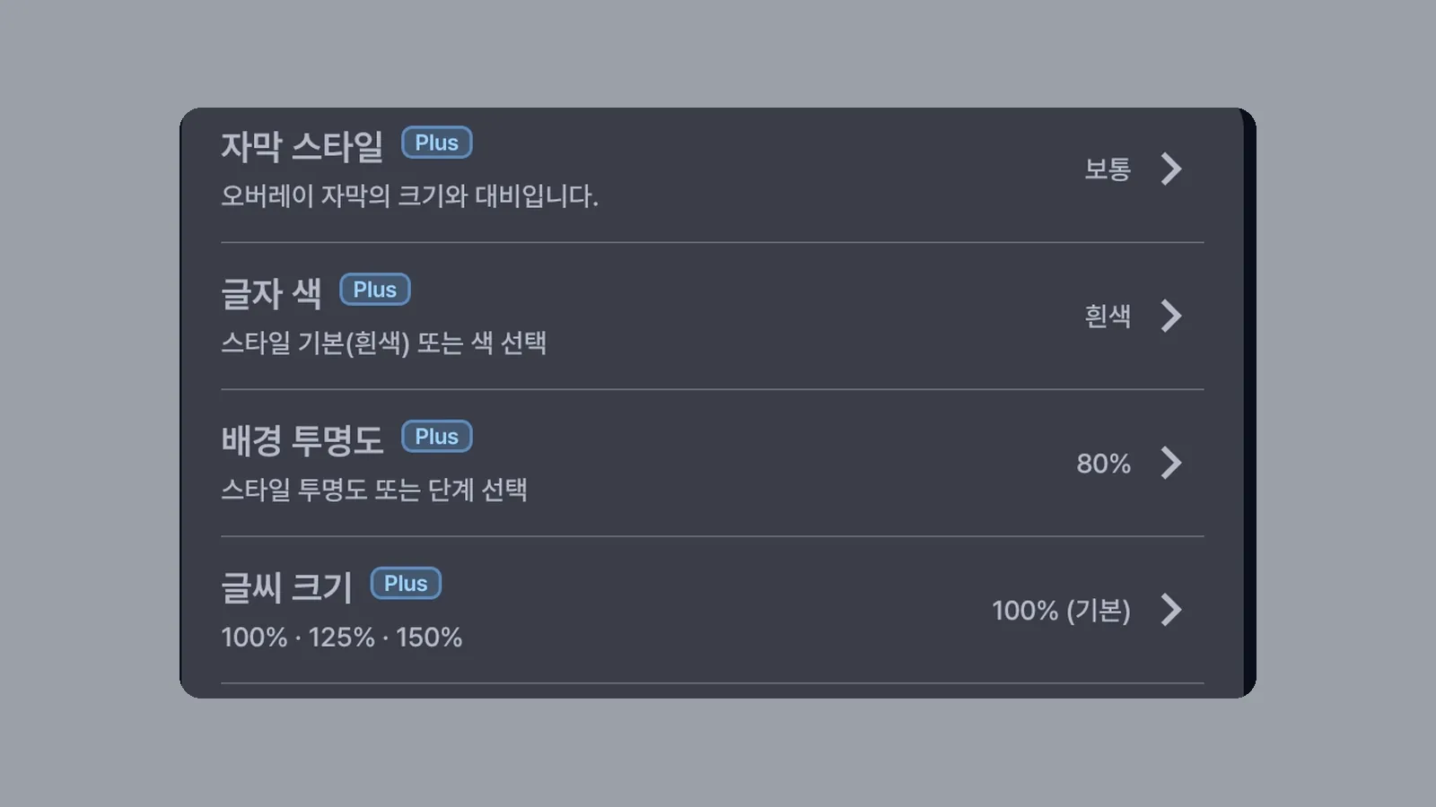 자막 스타일·글자 색·배경 투명도·글씨 크기 항목마다 Plus 표시가 붙은 CCPlay 자막 설정 화면 확대