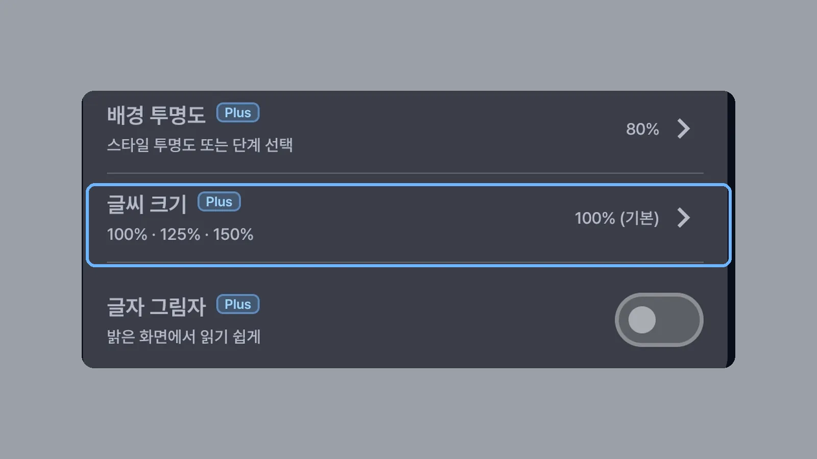자막 설정에서 Plus 표시가 붙은 글씨 크기 항목 100% (기본)을 강조해 확대한 CCPlay 설정 화면