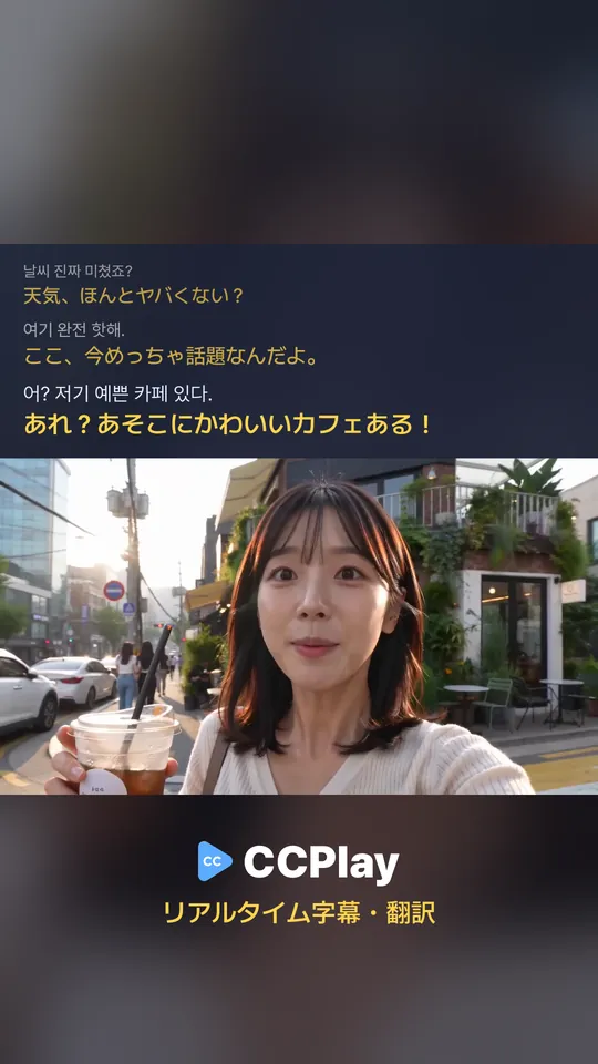 韓国語のVlogの上にCCPlayが日本語字幕を表示した実際の画面